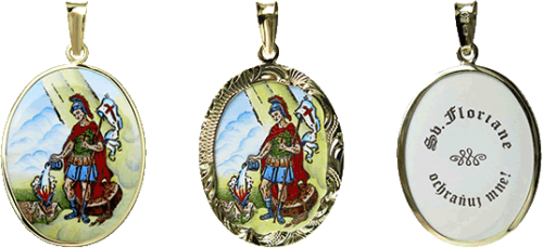 Sv. Florián - medailony v hladkém a gravírovaném rámečku.
