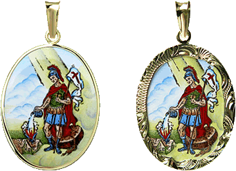 St. Florian medallion in simple and engraved frame.