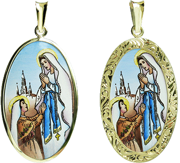Our Lady of Lourdes in plain and engraved frame.